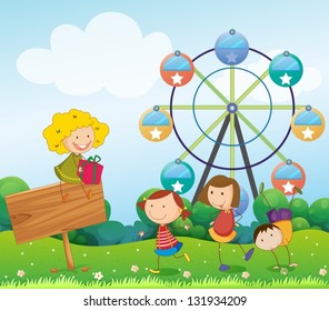 Illustration of an empty signboard with kids near a ferris wheel