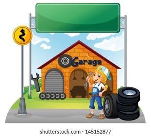 Illustration of an empty signboard near the garage shop on a white background