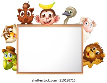 Illustration of an empty signboard surrounded with animals on a white background