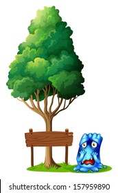 Illustration of an empty signboard under the tree beside the worried monster on a white background
