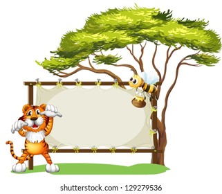 Illustration of an empty space with an animal and an insect on a white background