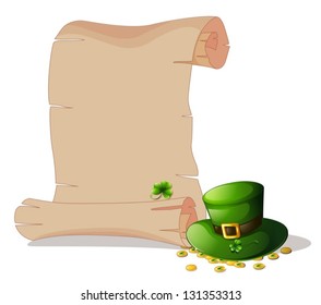 Illustration of an empty space beside a green hat and tokens on a white background