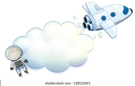 Illustration of an empty space with a robot and a spaceship on a white background