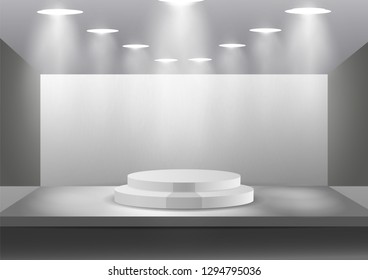 illustration of empty stage podium with spotlights in blank studio room for presentation
