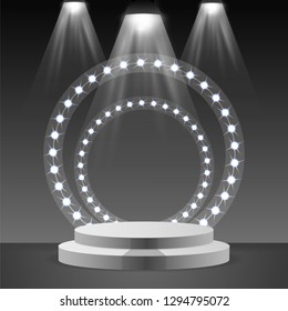 ilustración de podio de escenario vacío con focos en sala de estudio en blanco para presentación