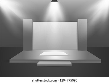 Illustration eines leeren Bühnenpodios mit Scheinwerfern im leeren Studioraum zur Präsentation