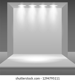 ilustración de podio de escenario vacío con focos en sala de estudio en blanco para presentación