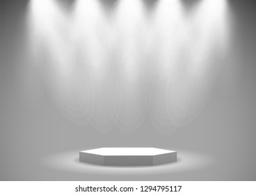 ilustración de podio de escenario vacío con focos en sala de estudio en blanco para presentación
