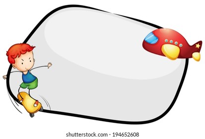 Ilustración de una plantilla vacía con un avión y un niño patinando sobre un fondo blanco