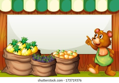 Ilustración de una plantilla vacía con un oso vendiendo frutas