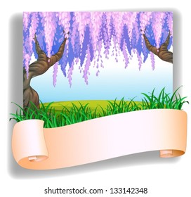 Illustration of an empty template in front of the hill with big trees on a white background