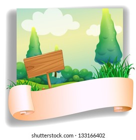 Illustration of an empty template in front of a wooden signboard on a white background