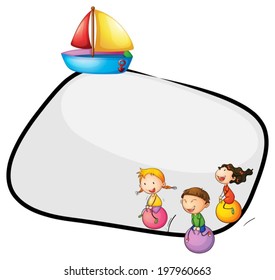 Illustration of an empty template with kids playing and a ship on a white background