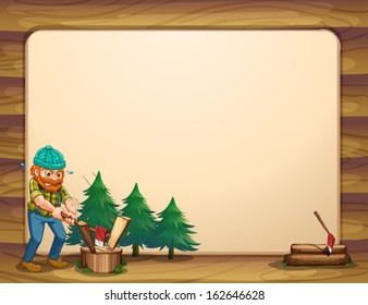 Illustration of an empty template with a man chopping woods in front
