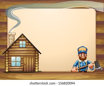 Illustration of an empty template with a wooden house and a lumberjack with an axe