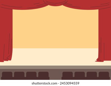 Illustration of an empty theater stage. A versatile vector design template with red curtains and space for text, ideal for artistic performance promotions.