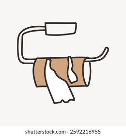 Illustration of an empty toilet paper roll on a holder. The toilet paper roll is brown with a single white sheet hanging. Minimalist design of toilet paper. Vector illustration.