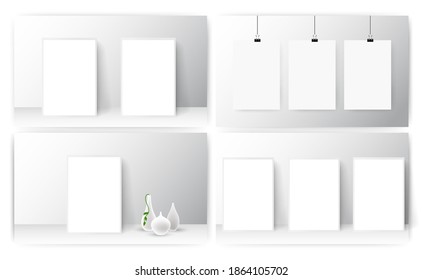 Illustration of Empty vector paper frame mockup hanging with paper clip - stock vector.