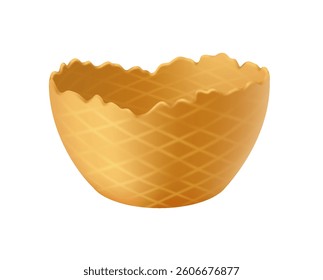 Illustration of an empty waffle bowl featuring a crisscross pattern. Ideal for serving ice cream or other desserts. The bowl showcases a light brown hue and textured detail.