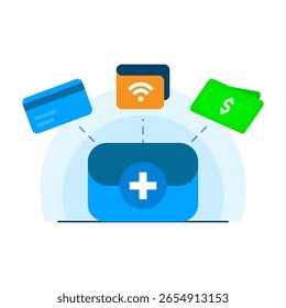 ilustração de carteira vazia com ícone de mais, mostrando várias opções de pagamento, incluindo cartão de crédito, carteira eletrônica, dinheiro. representando método de pagamento adicionar ou selecionar, transações digitais, compras on-line