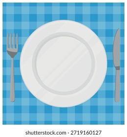 Ilustración de una placa blanca vacía acompañada de un tenedor y un cuchillo en un mantel a cuadros azul. Vista superior, Vector.