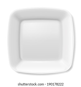 Illustration of empty white plate with rounded borders isolated on white background