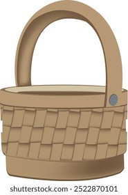 Illustration of an empty wicker basket standing with curved handle, isolated on white background