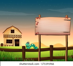 Illustration of an empty wooden board across the barnhouse at the hilltop