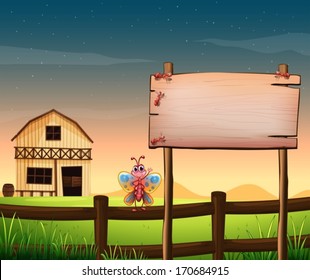 Illustration of an empty wooden board at the farm with insects