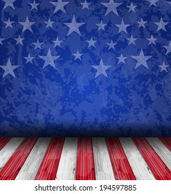 Illustration empty wooden deck table over USA flag background - vector