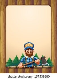 Illustration of an empty wooden frame border with a lumberjack in front of the pine trees