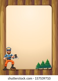 Illustration of an empty wooden frame with a lumberjack holding an axe across the pine trees