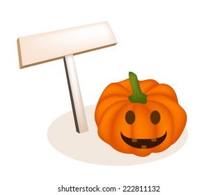 An Illustration of Empty Wooden Sign Board with Happy Jack-o-Lantern Pumpkins Isolated on White Background, For Halloween Celebration. 