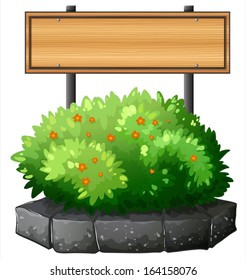 Illustration of an empty wooden signboard above the plant on a white background