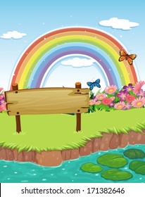 Illustration of an empty wooden signboard at the riverbank and a rainbow in the sky