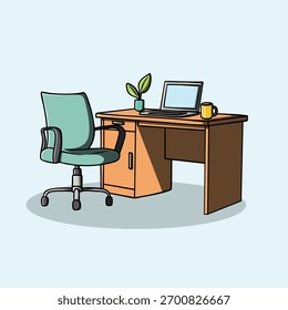 Illustration of an empty workspace with potted plants and coffee