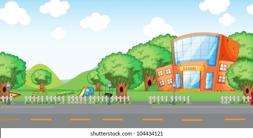 Illustration of empty yard and school