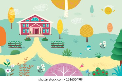 Illustration of empty yard and school. Road to the School. Summer kids landscape with the trees, flowers, mushrooms and plants.