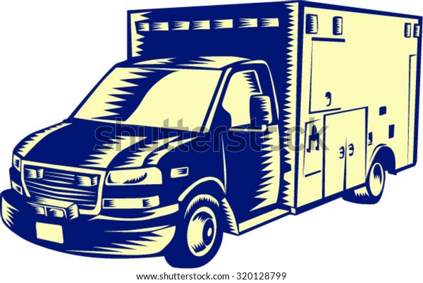 Illustration of an EMS emergency medical service\
ambulance vehicle viewed from front on isolated white background\
done in retro woodcut\
style.