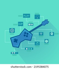 Illustration of Emulator Guitar Design with Hearts, Stars, Music Note, Wifi, Signal, Award, Headset, Play, 1UP, and Dollar Sign Symbol Connected for Music Game Fest