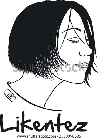 illustration stylisée en noir et blanc d'une femme de profil, les yeux fermés, avec des cheveux courts et un col visible. Le mot "Likentez" est écrit en bas.