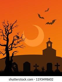 illustration of an enchanted cemetery with tombs, zombie, bats, cat, moon and a church in the background