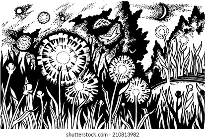 Illustration of enchanted forest at night with dandelions in grass and moon