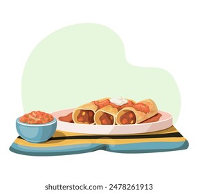 Illustration of enchiladas with salsa and sour cream on striped cloth. Digital food art. Mexican cuisine and traditional dish.