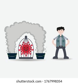 Illustration of the end of the spread of the virus, men are happy because the virus has been caught and entered the bars surrounded by liquid soap in a bucket