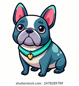 Illustration of an endearing cartoon French Bulldog wearing a collar and a heart design