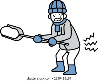 Illustration of enderly man who hurts his back while removing snow.