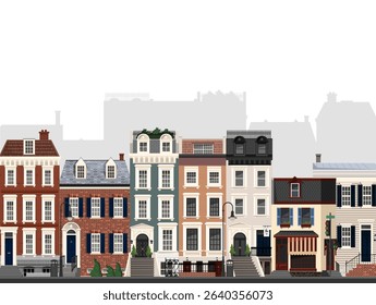 Illustration of an endless, seamless view of a cozy city street.