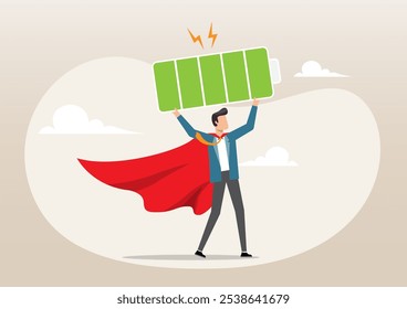 An illustration of energetic businessman superhero carry full recharge battery. Full battery recharge, full energy to work or refresh from exhaustion, productive and efficient concept