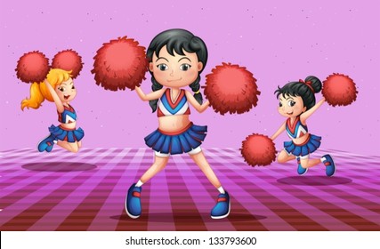 Illustration of the energetic cheerdancers with red pompoms